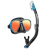 TUSA Sport Adult Powerview Mask and Dry Snorkel Combo, Black/Fishtail Blue Mirrored Lens (UC-2425PMQB-FBB)