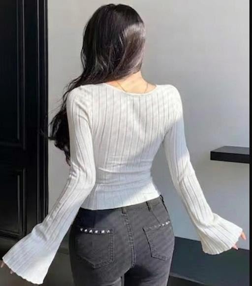 Image of Women Slim Fit Long Flare Sleeve Ribbed Knit Criss Cross Cut Out Casual Fashion Top Trendy Daily Outfit for Girls and Women