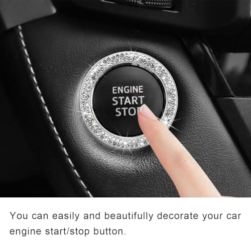 Image of Car Bling Crystal Rhinestone Engine Start Ring Decals, Sparkling Diamond Car Push Start Button Ignition Ring Sticker, Auto Key Ignition Knob Ring Decoration for Women Girls (White)