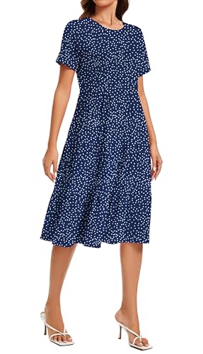 Image of Womens Summer Short Sleeve Crew Neck Midi Dress 2026 Casual Fit Flowy Tiered Beach Vacation Sundress with Pockets