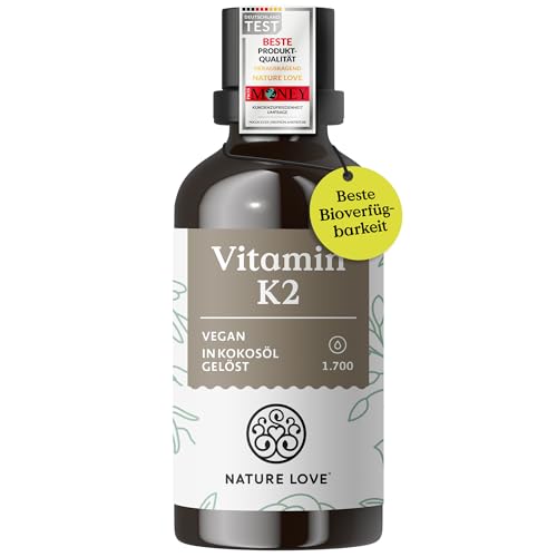 NATURE LOVE Vitamin K2 MK7-200g - 1700 Tropfen (50ml) - Höchster all-trans-Gehalt 99 7+% - Hochwertig: K2VITAL von Kappa - gelöst in MCT Kokos-Öl - Hochdosiert vegan & in Deutschland produziert