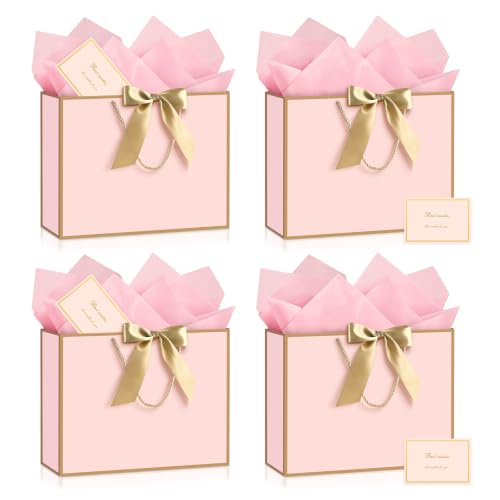 Image of JMANNI Gift Bags with Handles, 13 inch Medium Gift Bag for Presents, 4 Pcs Bags with 8 Tissue Paper and 4 Cards for Graduation Baby Shower Wedding Fathers Day Mother's Day Birthday Party(pink-gold)