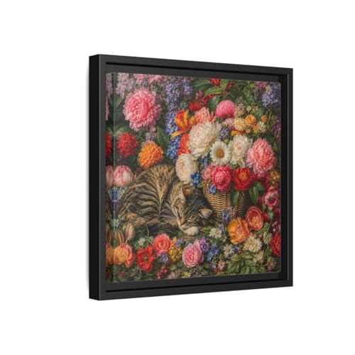 Tableau Chat Endormi Style Classique Cadre Noir 30x30 cm pour Chambre