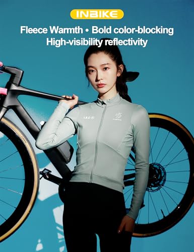 INBIKE Maillot de Manga Larga Invierno para Mujer con Forro Polar Transpirable Logo Reflectante Múltiples Bolsillos Maillot MTB Térmico Azul Verdoso-M - imagen 6
