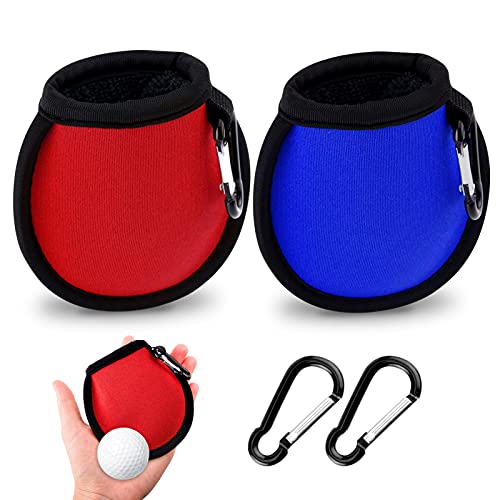 olyee 2 Pack Golf Ball Cleaner Pouch with Carabiner Golf Accesorries Washer Pocket Waterproof Bag Golf Ball Dry-Clean Pocket gifts for Men Ladies Fit for Golf Carts Belt Golf Bag(Red+Blue)