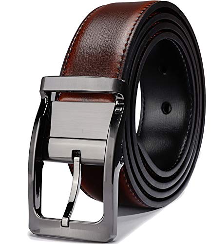 Belts For Men Reversible Leather 1.25” Waist Strap Fashion Dress Buckle Beltox (Rectangle Rotated Buckle With Burnt Umber/Black Belt, 34-36) #TOP3