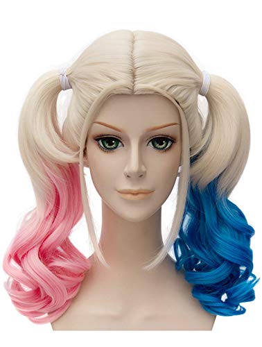 Bopocoko Blonde Wigs for Women Costume with 2 Ponytails Braided Pink Blue Cute Wigs for Party Halloween BU233BP