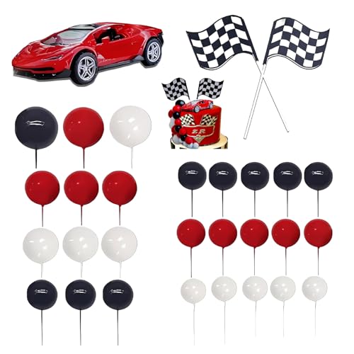 Eowppue Décoration de gâteau Cars pour Anniversaire sur Le thème des Courses, 27 pièces, avec Forme de Voiture, Drapeau à Damier Noir et Blanc, idéale...