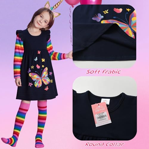 DXTON Toddler Girls Long Sleeve Dress Stripe Rainbow Ruffle Cotton Casual Tunic Shirt Fall Winter School Dress3