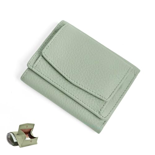 Houtndguter Mini Wallet, Genuine Leather RFID Blocking Card Holder, Compact Pocket Organizer for Women and Men, Folding Mini Wallet (Grass green)