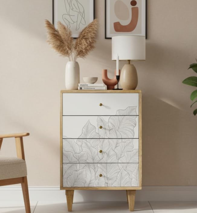 Image of Solid Wood Ranthambore Chest of Drawer | Dresser with 4 Drawers | Wooden Chest of Darwers | Chest of Drawers with Storage | Finish- Natural and White