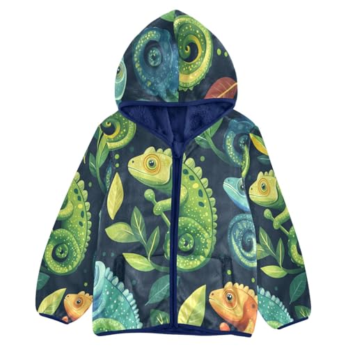 Chameleon Leaves Pattern Print Toddler Fleece Jacket Girl Boys Hooded Fleece Jacket Coat Warm Outwear Zip-up 3-10T