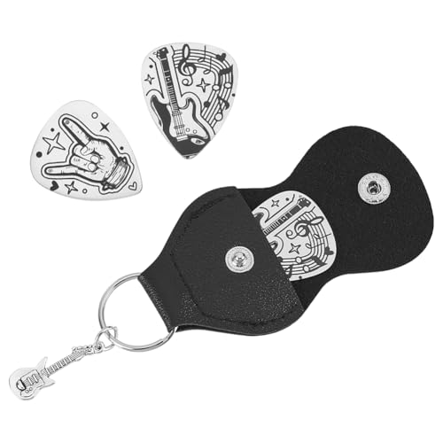 UNICRAFTALE 2 Stück Musikgeschenke Für Gitarristen Rock and Roll Schild Edelstahl E Gitarren Picks Schlüsselanhänger Lederhalter Musiker Gitarrenspieler Geburtstags Weihnachtsgeschenke