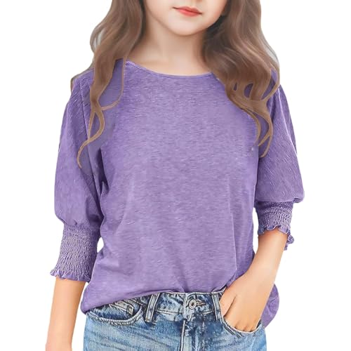 Summer Girls 3/4 Sleeve Tops for Girls 2025 Casual Crew Neck Blouse Puff Sleeve Shirts Cotton Soft T Shirt Tunic Tees