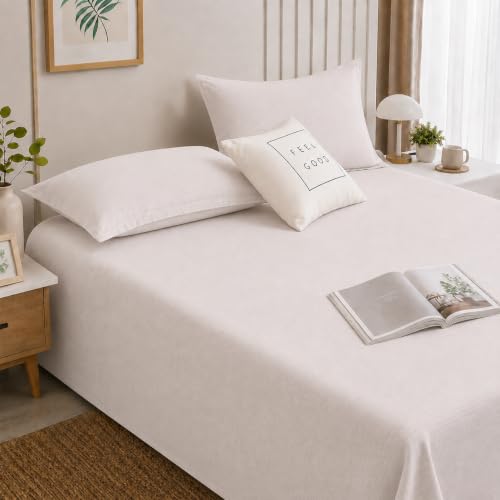 Image of Cortina Cloud Cotton King Size Bedsheet with 2 Pillow Covers | Super Soft, Breathable & Skin-Friendly Bedsheet for Double Bed King Size with Solid Design | (270x250 cm) (Cream, King)