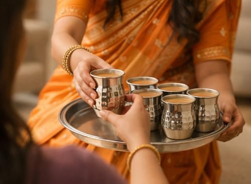 Image of STEEPLE Stainless Steel Kulhad Tea Cups 170 ml | Premium Hammered Tea & Coffee Cups | Steel Kulhad for Chai, Coffee, Milk & Juice | Drinking Cups for Home & Office (Set of 12)