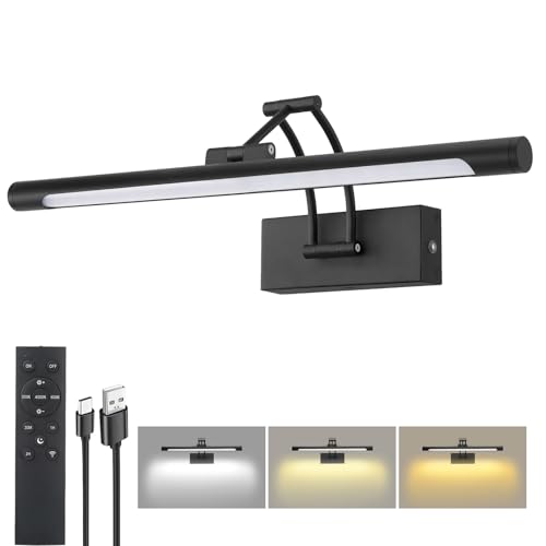 Image of 16 inch Picture Lights for Wall Battery Operated, Wireless Picture Light with Remote, Rechargeable Wall Light 3000K /4000K /6000K Dimmable, Art Lighting for Paintings Frame Gallery Dartboard Light, Black