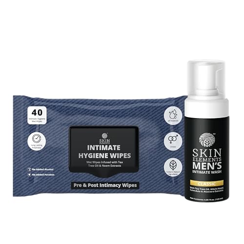 Skin Elements Intimate Hygiene Combo| Intimate Wash Men 120 ml+30 Intimate Wipes With Tea Tree &amp; Neem Extracts | pH Balanced Foaming Wash | Controls Bad Odor &amp; Sweat