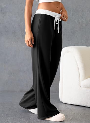 Herseas Women's Contrast Color Waistband Sweatpants Wide Leg Pants with Drawstring Buckle2