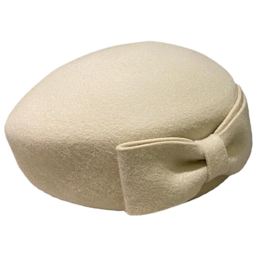 Beret Hat, Elegant Pillbox Hat for Women with Bowknot, Warm Soft Comfortable Wool, One Size French Hats for Women Winter Party Wedding, White Beret