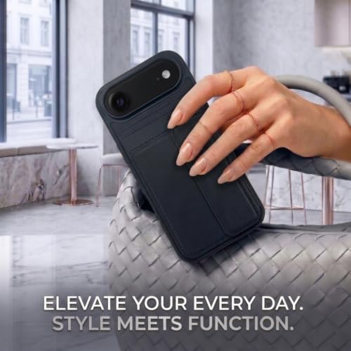 Image of amazon basics Luxury Vegan Leather Back Cover for iPhone 17 Air | Built-in Card Holder Slot | Integrated Mobile Stand | Slim Shockproof Protective Case with Stitched Finish - Blue