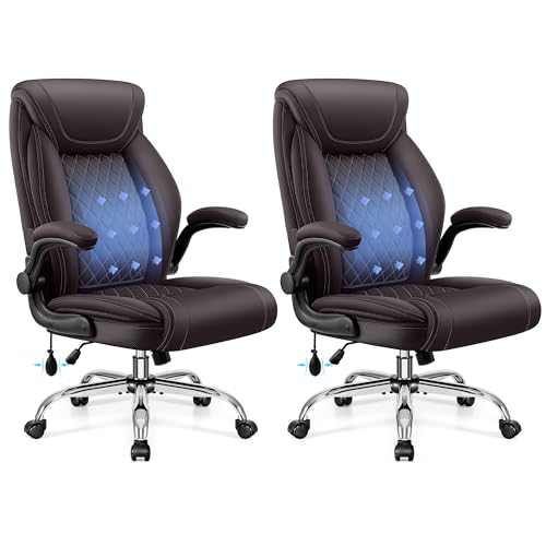 Image of BestGlory Executive Office Chair with Lumbar Support, Big and Tall Ergonomic Computer Desk Chair, Leather Comfy High Back Gaming Chair with Flip Up Arms & Rocking Function for Home Office, Coffee