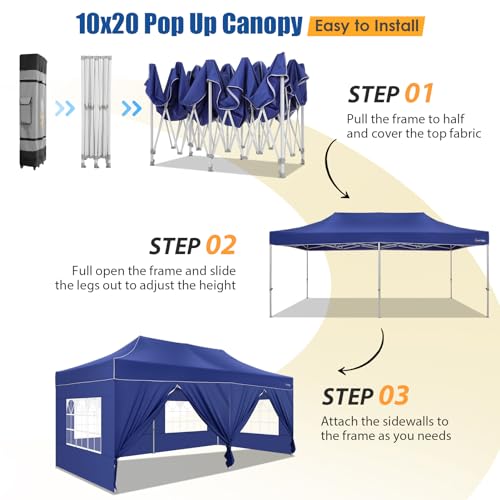 Image of Hoteel 10x20 Heavy Duty Pop Up Canopy Tent with 6 Sidewalls, Dark Blue