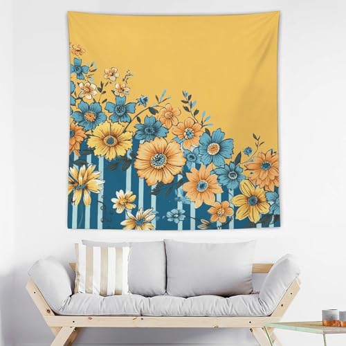 Tapisserie murale jaune et bleu pour égayer un mur blanc de salon