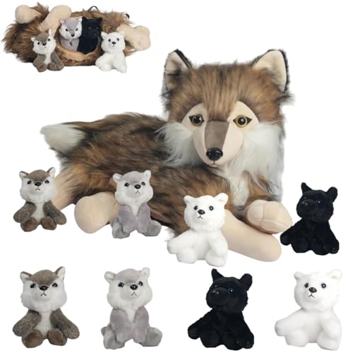 Youthfuljive 5 Pcs Wolf Stuffed Animal Plush Set 16 Inch Mommy Large Stuffed Wolf Plush with 4 Babies Wolves, Realistic Plush Wolf Toys Soft Plushies for Kids Boys Girls Birthday Valentines Gifts