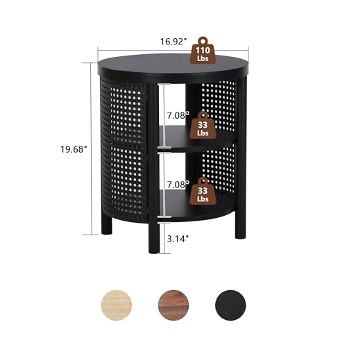 Image of 3 Tire Small Round Side Table with Iron Rattan, 17 inch Farmhouse Bohemian End Table with Storage Shelf, Wood Nightstand for Living Romm Sofa Couch, Bedroom (Black)