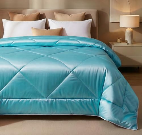 Image of SANMARINO 280 GSM Satin Silk AC Comforter for Single Bed (60 x 90 inches /152 x 228 cm), All Season Solid Reversible Blanket | Ultra Soft Lightweight Breathable Quilt, Glossy Finish - Ocean Teal