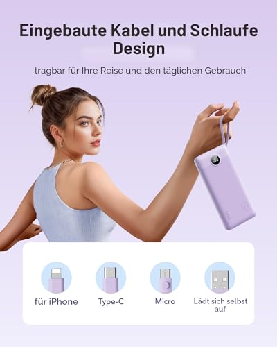 VRURC Powerbank 22.5W Schnelles Aufladen, 20000mAh Power Bank mit Kabel Tragbares Ladegerät USB C LED Display Externer Handyakkus Smartphone Kompatibel mit iPhone, Huawei, Samsung usw - Lila 2