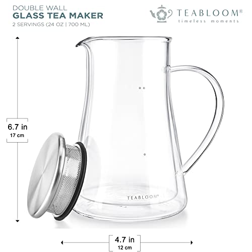 Teabloom Insulated Teapot Keeps Tea Hot – Tea Maker For Two (24 oz / 2 Mugs) – Double Wall Glass Tea Steeper with Stainless Steel Filter Lid for Loose Leaf Tea