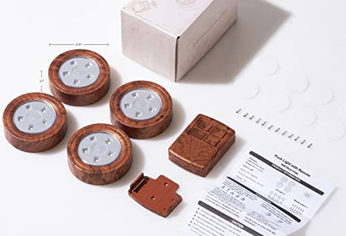 Image of LED Puck Lights with Wireless Remote, Dimmable Under Cabinet Lights with Timer, Battery Operated - For Kitchen, Bedroom, Under Counter, Hallway, Stairs (4 Pack Elmwood)