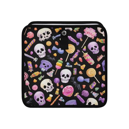 Image of Car Trash Can Organizer Bin with Adjustable Strap for Back Front Seat Console Waterproof Leakproof Collapsible Portable 11 Inch Halloween Skulls Lollipops Candies