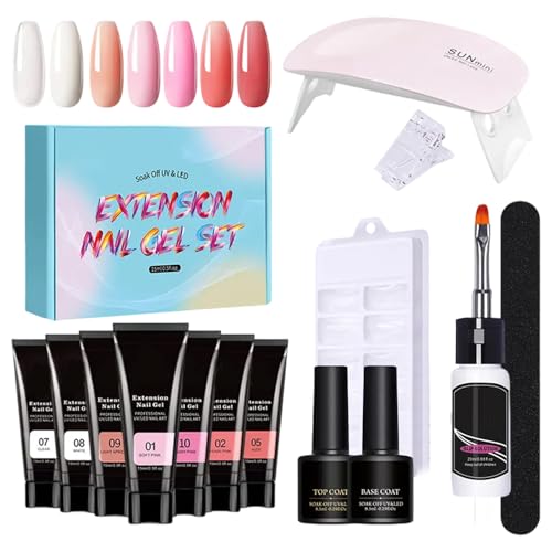 Dtaigou Kit de uñas con todo, kit de gel de uñas poly, Juego de gel de extensión con kit de uñas Poly Light Poly, 7 colores engrosando el creador de soluciones Arte de la uña para principiantes y