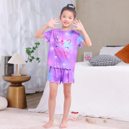 MHJY Girls Pajama Sets Ruffled Sleepwear Casual Short Sleeve Shirt and Shorts 2pcs Summer Pjs Set for Kids2