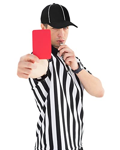 Geyoga 4 Pcs Men's Official Referee Costume Set Black & White Stripe Referee Zipper Collar Shirt Official Referee Hat Stainless Whistle With Lanyard Yellow Penalty Flag For Halloween Cosplay (Medium) #TOP6