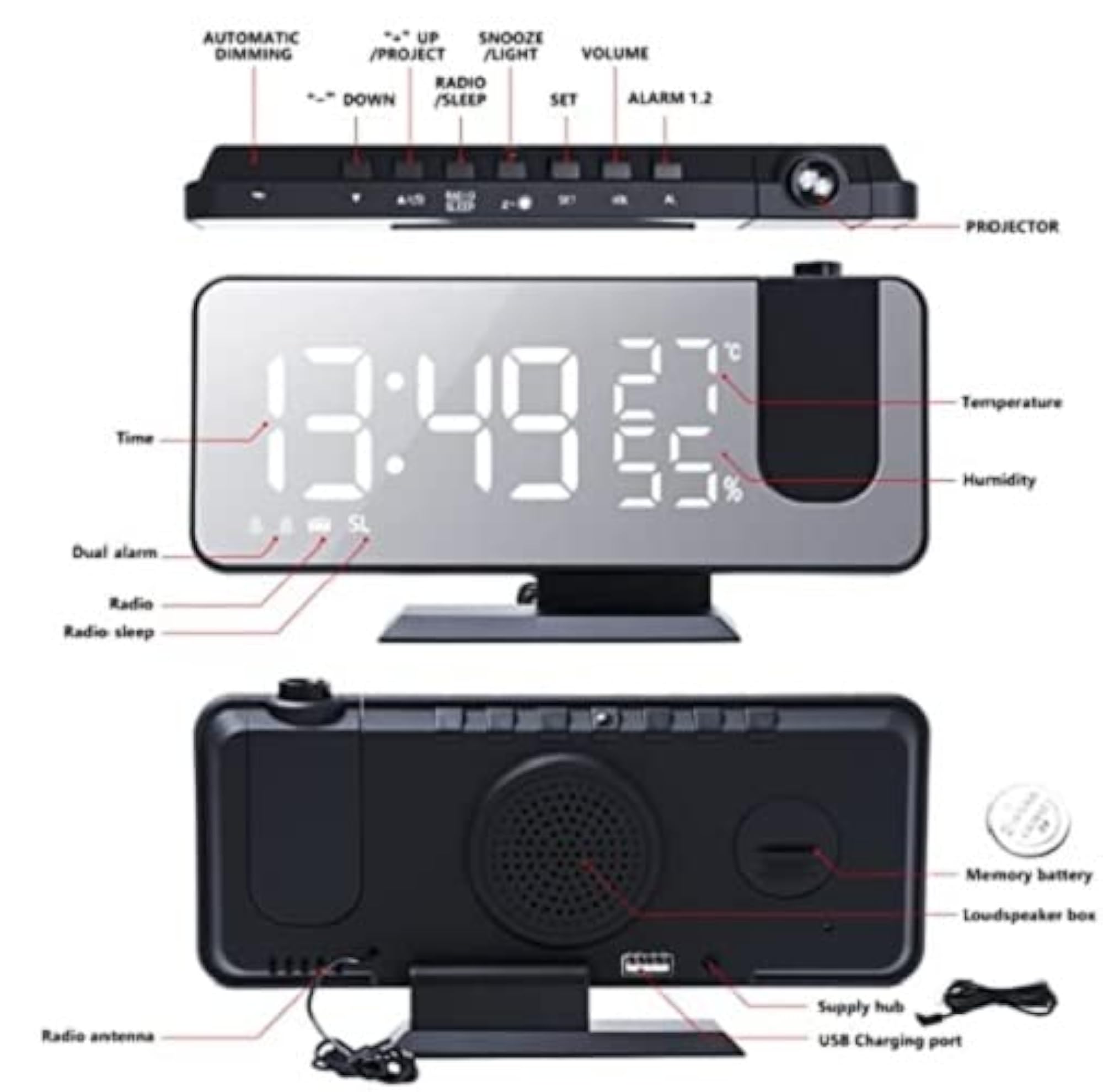 7.4" Digital Dimmable Projection Alarm Clock with FM Radio