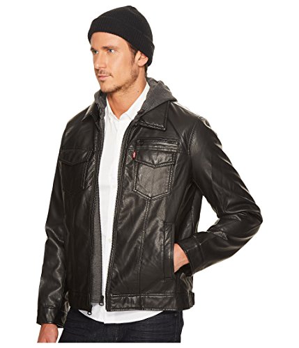 Levi's® Faux Leather Trucker with Jersey Hood and Fleece Lining Black MD2
