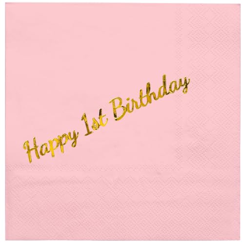 WRAPAHOLIC 25Pcs 1st Birthday Cocktail Napkins - 3-Ply Pink Gold Foil Happy 1st Birthday Lettering Disposable Paper Napkins for Baby Shower Party Tableware Party Supplies - 5 x 5 In