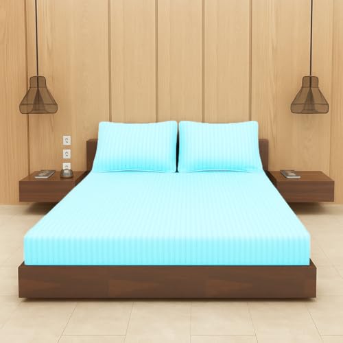 Image of BEVI - Home Premium Self Striped Single Bedsheet with 1 Pillow Cover 300 TC Ultra-Soft 300 TC Microfiber Bed Sheet| Size (60 inch x 90 inch) Aqua