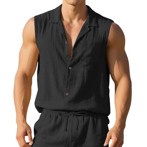 Camiseta polo para hombre sin mangas de lino holgada contra el calor extremo