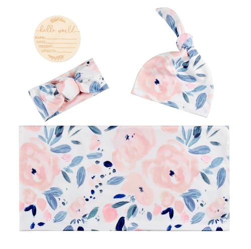 Image of Baby Receiving Blanket Swaddle Blanket Infant Wrap with Matching Headband Beanie and Name Card (Ink and Pink)