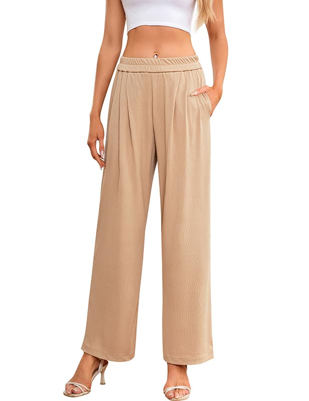 Womens Trendy Wide Leg Pants Casual Loose Fit Stretch Waist Straight Trouser Flowy Solid Color Palazzo Pant with