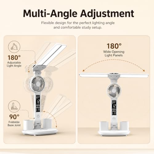 Image of One94Store SmartTwin Pro Design Rechargeable LED Table Lamp | Dual Arm Desk Light with Fan & Phone Holder | Touch Control Dimmable Study Lamp | 2400mAh Battery | USB Powered (White)