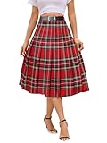 SANGTREE Women's Plaid Skirts, High Elastic Waist A-Line Pleated Long Skirts for Women, Red Plaid, US M