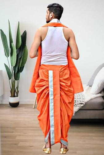 Image of Men's Ethnic | Traditional Ready to wear (Pant System) Readymade Panchakacham Dhoti With Angavastram(Towel) Set, Tassar Silk, Free Size (GC002)