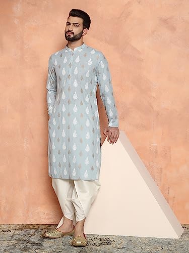 Image of KISAH Men Cotton, Full Sleaves, Knee Length, Straight, Regular Fit, Mandarin Collar Ethnic wear, Sky Blue, 40