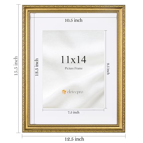 Image of eletecpro 11x14 Vintage Picture Frame, Glass Cover, Gold, 2-Pack | Display Photo 8x10 with Mat or 11x14 without, Horizontal or Vertical, Tabletop or Wall Decor